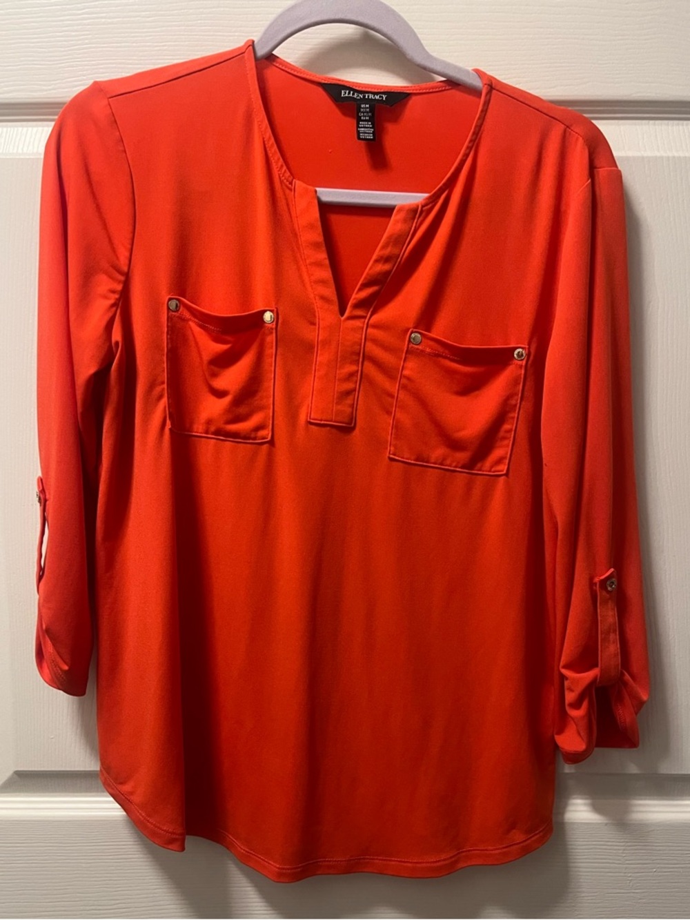 Ellen Tracy Women's Tomato Red Split-Neck Blouse, Teachercore Classic Size M